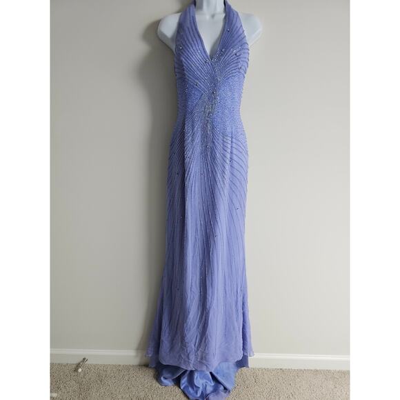 Alyce Designs Gown Womens 14 Purple Beaded Halter Whimsical Prom Dress 90s Silk - Picture 10 of 12